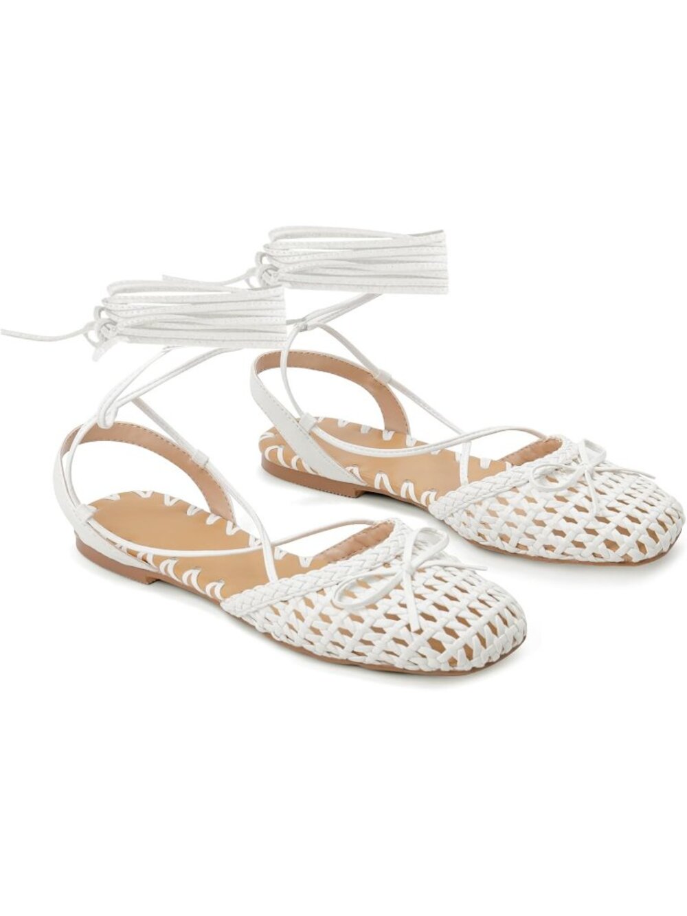 Women's Pearl White Ballet Flats Lace Up Closed Square Toe Summer Dressy Sandals